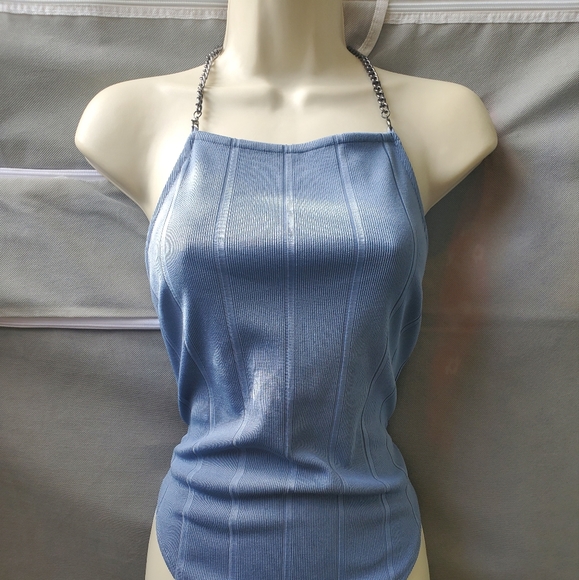 ๐3 for $25๐ Dare to Bare Powder Blue Body suit with Chain Halter Straps - Picture 2 of 12